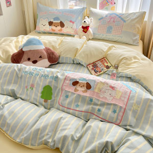 Cute Cartoon Embroidered Cotton Bedding Set for Students 100% Pure Cotton Bed Sheet Cover Quilt Cover Pillowcase Dormitory Three Piece Set