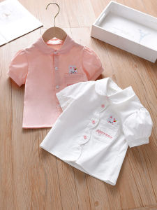 Cute Rabbit Print Short Sleeve Shirt for Girls Baby Fashionable Korean Style Cotton Summer Top Childrens Clothing