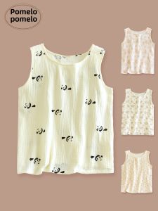 Summer Thin Pure Cotton Bubble Cotton Yarn Panda Floral round Neck Pullover Sleeveless Vest Home Pajamas Cool Tops Women