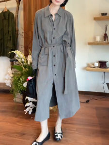 UYFY | Gray Long Sleeve Shirt Dress Womens Simple Style Fashionable Elegant Floor-Length Dress With Belt Casual Loose Fit Autumn New
