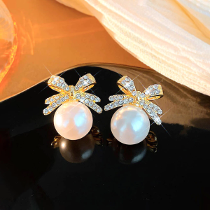 Fake Pearl Bow Earrings Fashion Luxury Alloy Studs Elegant Rhinestone Gift Jewelry for Christmas Gift