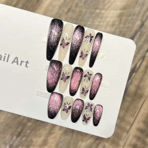 10pcs Purple Butterfly Glass Bead Cat Eye Fake Nails Handmade 3D Design Press on Nails with Glossy Effect for Party Wedding