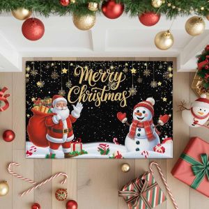 VIKAMA Christmas Door Mat Black Santa Claus Snowman Gold Merry Xmas Gifts Candy Cane Front Welcome Mat Christmas Holiday Decor