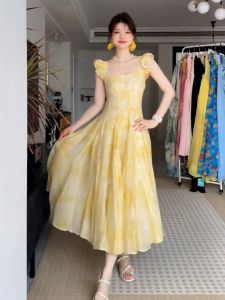 SHANGSHA | Elegant Rich Resort Style Yellow Flower Print Dress