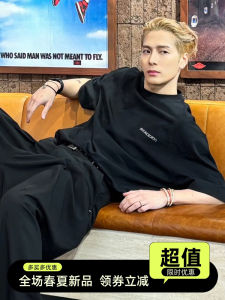 Black Half Sleeve T-Shirt Mens Style Heavyweight American Brand Summer Trendy Youth Cotton round Neck Letter Pattern Top