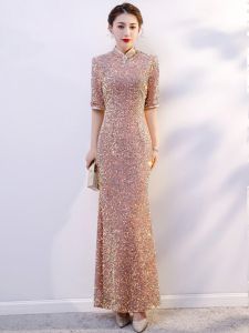 High-End Retro Wind Cheongsam for Plus Size Women Long Sleeve Stage Performance Dress Sequins Evening Gown for Birthday Parties
