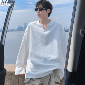 Loose Long Sleeve Basic Solid Color Texture Mens T-shirt V-neck Autumn Fashion plus Size Casual Polyester Fiber Inner Wear