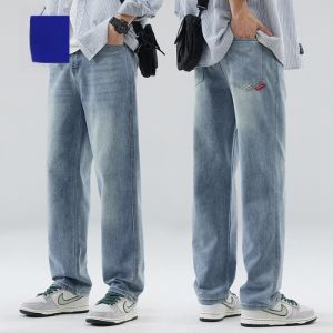 ROMON | Romon Mens Straight Leg Jeans Summer Thin Fashion American Retro Long Casual Loose Blue Cotton Polyester Blend Trousers