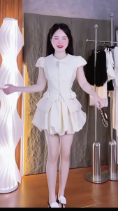 Set tiểu thư thanh lịch đồ công sở nữ chất Cotton hàn áo nút bọc bông rời cổ tròn mix chân váy Bí ngắn xoè có lót