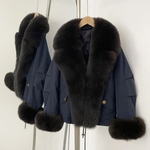 Áo Khoác Phao Dày Nữ Có Cổ Lông Cáo Thật Áo Khoác Lông Vũ Trắng Ấm Áp Chống Thấm Nước Phong Cách Safari Khóa Kéo Mùa Thu Đông