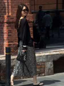 Elegant Black Backless Sequin Dress Set French Style Lady High Quality Premium Autumn Winter Two-Piece Set Commute Korean Style