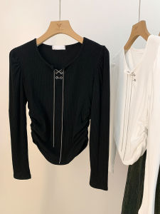 Áo sơ mi AMILUCK làm bằng vải sợi acrylic dài tay ôm eo có dây rút