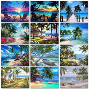 GATYZTORY Painting By Numbers Framed Seaside Coconut trees Scenery Picture Number Home Wall Decor Artcraft Hand Painted