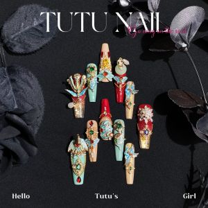 New Chinese Style Eleven Finger Flow Hemp Rotation Show Red Wedding Nail Wearable False Nails Red Colorful Cosmetic Tools