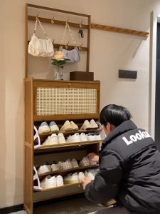 Bamboo Shoe Cabinet Ultra-thin Storage Cabinet Multi-functional Flip Door Single Layer+ Clothes Hanger Multi-purpose To Save Space