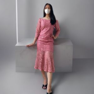 Dress Sabrina Brokat Duyung Pesta Midi Dress Kondangan Mermaid Gaun Wanita Kekinian Dress Brukat Bodycon Dustypink zh