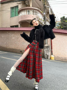 Fatalblow Retro Red Plaid A-Line Midi Skirt Womens High Waist Straight Leg Slim Long Open Split Skirt for Autumn Season