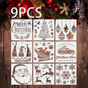 9PCS 5.1×5.1inch Christmas Painting Stencil Set for DIY Craft Wall Card Decoration