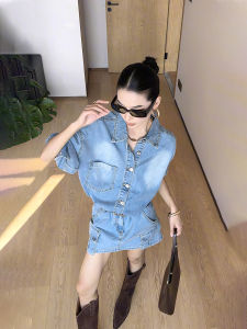 Slimming Short Denim Dress with Belt Design Womens Fashion Spring 2025 High Waist Wide Leg Pants Style Compact Size
