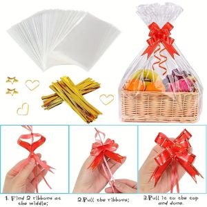 10/20/30pcs Large Cellophane Gift Bag with Colorful Bow and Kink for Fruit Basket Packing Outdoor Picnic Birthday Party Gift B