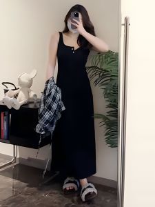 ชุดเดรสยาวคลุมเข่าสีดำ ทรงหลวม แขนกุด คอเหลี่ยม กระโปรงทรงเอ สำหรับผู้หญิงไซส์ใหญ่ ชุดทำงานสไตล์เกาหลี