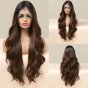 วิกผมลูกไม้ผมยาวลอนผู้หญิง T ยุโรปและอเมริกาเสื้อลูกไม้ไล่ระดับสีแดงเข้ม/ทอง/น้ำตาลกลางส่วนของผ้าไหมญี่ปุ่นใน QLS01