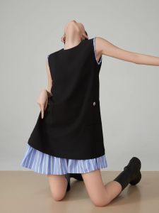 XIAODADEHUA | Striped Black Sleeveless Sheath Dress A-Line Medium-Long