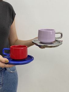 Bộ Tách Cà Phê Gốm Sứ Macaron Middle Age Color Coffee Cup Plate Set Afternoon Tea Atmosphere Dinnerware Nordic Style Handmade