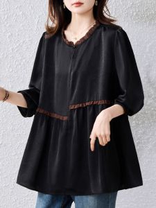 Black High-Low Design Vintage Shirt Slimming Belly Covering Artistic Style Womens plus Size Top Comfortable Commute Fashion