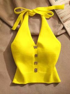 New Chinese Style Summer Design Shoulder Baring Short Ice Silk Spicy Girl Neck Hanging Strap Vest Casual Inner And Outer Wear Slim Fit