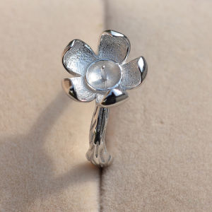 S925 Pure Silver Pearl Ring Setting Open Prong Lotus Flower Fashion Womens round Flat Bead Pearl DIY Jewelry Accessories