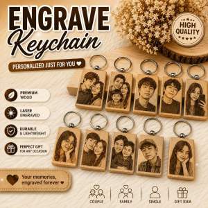 Custom Laser Engraved Wooden Keychain Personalized Photo and Name Keyring Premium Wood Durable Lightweight Gift for Him Her