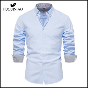 FUGUINIAO เสื้อเชิ้ตออกซ์ฟอร์ดผ้าฝ้ายสำหรับผู้ชายใหม่ฤดูใบไม้ร่วงปุ่มแขนยาวเสื้อลำลองธุรกิจ
