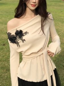 Design Lace Floral Off-Shoulder Waist-Tied Long Sleeve Knit Top