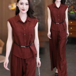 【Blouse+Wide Leg Pants】Fashion Sleeveless Terno Women Korean Style Casual Two Pieces Sets Temperament Elegant Lapel Loose Two Piece Suits Filipinina Modern Female shirt collar ternos