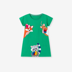 Girls Summer Cartoon Short Sleeve Dress Embroidered Patch Childrens Skirt Soft Washed Cotton Dress Little Maven Brand