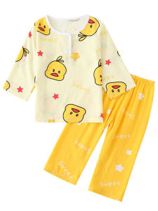 Summer Childrens Cotton Silk Sleepwear Long Sleeve Thin Home Clothes Set for Boys And Girls Comfortable Breathable Sweat Absorbent