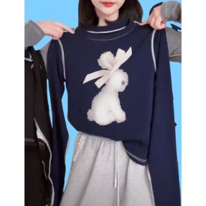 Elegant Rabbit Print Long Sleeve Womens T-shirt Slim Fit Autumn Winter New Design Base Layer Top Quality Cotton Korean Style