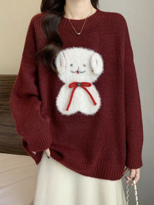เสื้อสเวตเตอร์สีแดงลายดอกไม้พิมพ์ลายสุนัขการ์ตูนหลวมๆ สำหรับผู้หญิง ฤดูใบไม้ผลิและฤดูใบไม้ร่วง ไซส์ใหญ่ เสื้อเชิ้ตทรงหลวมยาวปานกลางสำหรับผู้หญิงไซส์ใหญ่