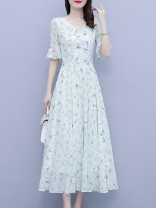 Váy Dài Xếp Ly Chiffon Mùa Hè Mới 2025 Cạp Cao Che Bụng Váy Dài Đến Đầu Gối Thanh Lịch Cho Phụ Nữ Ngoại Cỡ