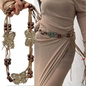 Y2K Bohemian Ethnic Style Butterfly Zircon Wooden Beads Braided Waist Rope Belt Retro Vacation Style Woven Tassel Belts Jeans Dress Waistband