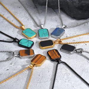 Vnox Multiple Nature Stones Geometric Dog Tag Pendent Necklace 55/60/70cm length Chain Stainless Steel Vintage Jewelry for Men