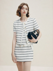 FAMANXUAN | French Style Black and White Stripe Lightweight Tweed Jacket