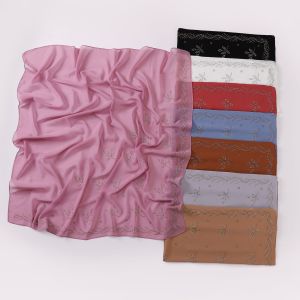 Jifang 90x90cm Hot Drilling Rhinestones Leaves Plain Bubble Chiffon Square Scarf Muslim Hijabs Bawal WC35
