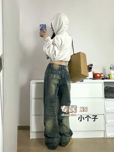 กางเกงยีนส์ทรงตรงสไตล์อเมริกันย้อนยุคสำหรับผู้หญิง กางเกงขายาวทรงหลวมเอวสูง กางเกงขายาวทรงหลวมสำหรับผู้หญิง กางเกงยีนส์ทรงตรง