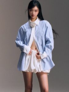 Summer Casual Loose Slim Fit Floral Print Half Skirt Long Sleeve Shirt Women Satin Stripe Patchwork Turn-down Collar Blouse