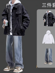 Casual Loose Mens Denim Jacket And Pants Set Autumn Spring Fashionable Three Piece Set Long Sleeve Cotton Fabric for Teens