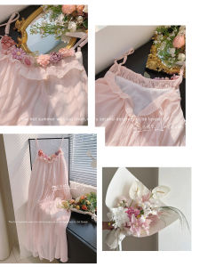 Romantic Fairy Tale Pink Flower Print Halter Dress Womens Summer Beach Vacation Loose Fitting Backless Long Gown