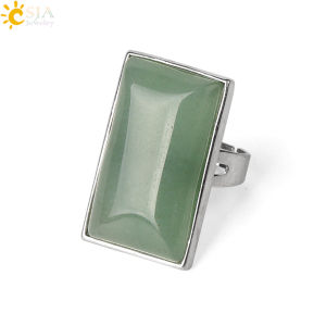 CSJA Rectangle Natural Stones Finger Rings Silver Color Adjustable Ring Healing Amethysts Rock Crystal Pink Quartz Jewelry G456