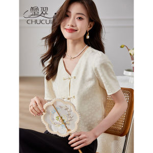 New Chinese Style V-Neck Short Sleeve Chiffon Shirt Womens Summer 2025 Half Sleeve T-Shirt Short Fashionable Small Shirt